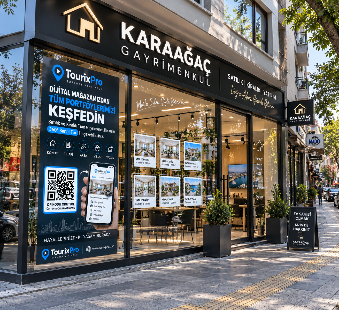 Karaağaç Gayrimenkul için dijital portföye yönlendiren QR kodlu vitrin konsepti