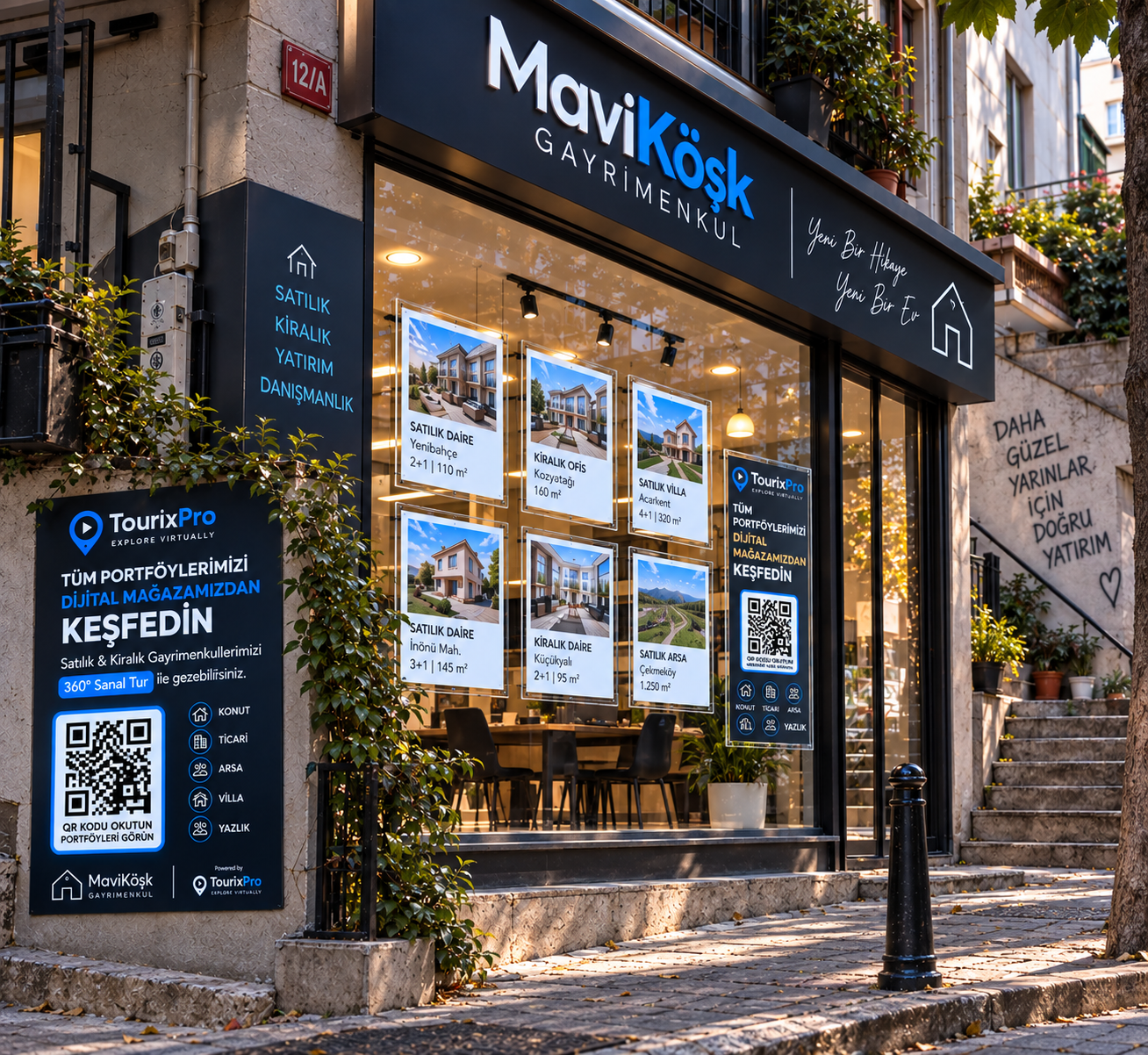 MaviKöşk Gayrimenkul için mavi detaylı QR kodlu ofis vitrini konsepti