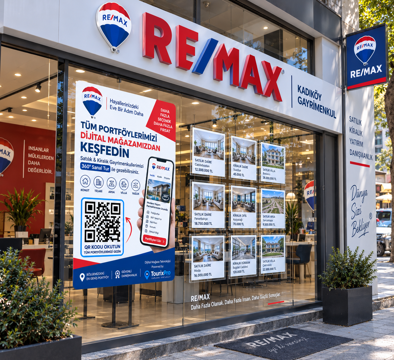 RE/MAX Kadıköy marka renkleriyle hazırlanmış dijital mağaza vitrin konsepti