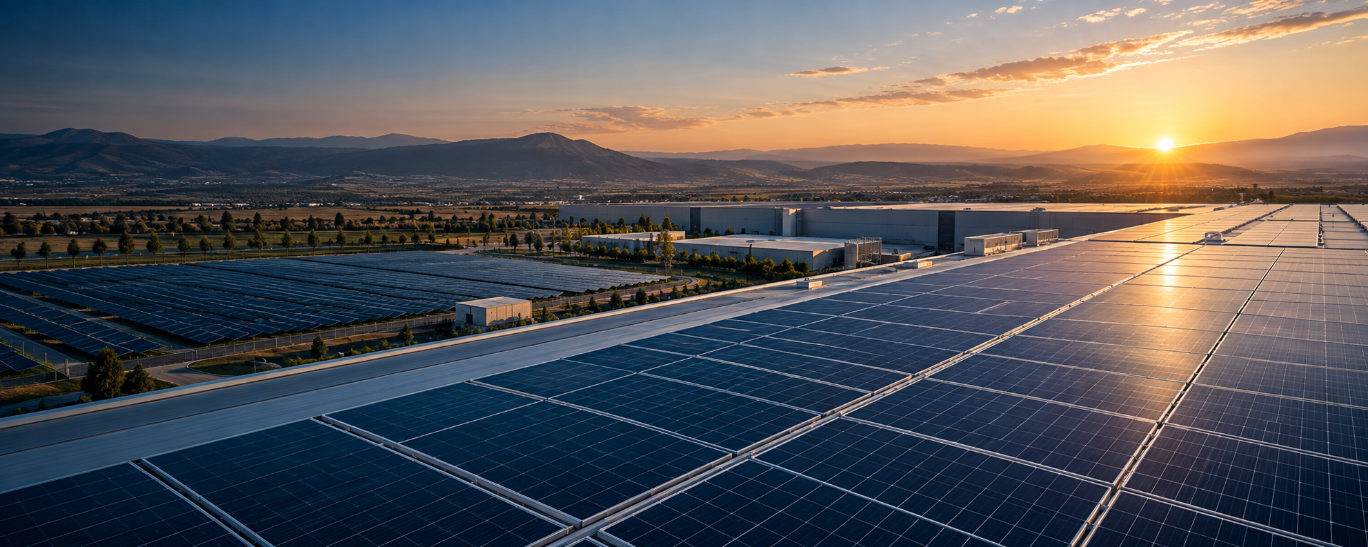 Endüstriyel tesis çatısı ve arazi üzerine kurulmuş güneş enerjisi santrali
