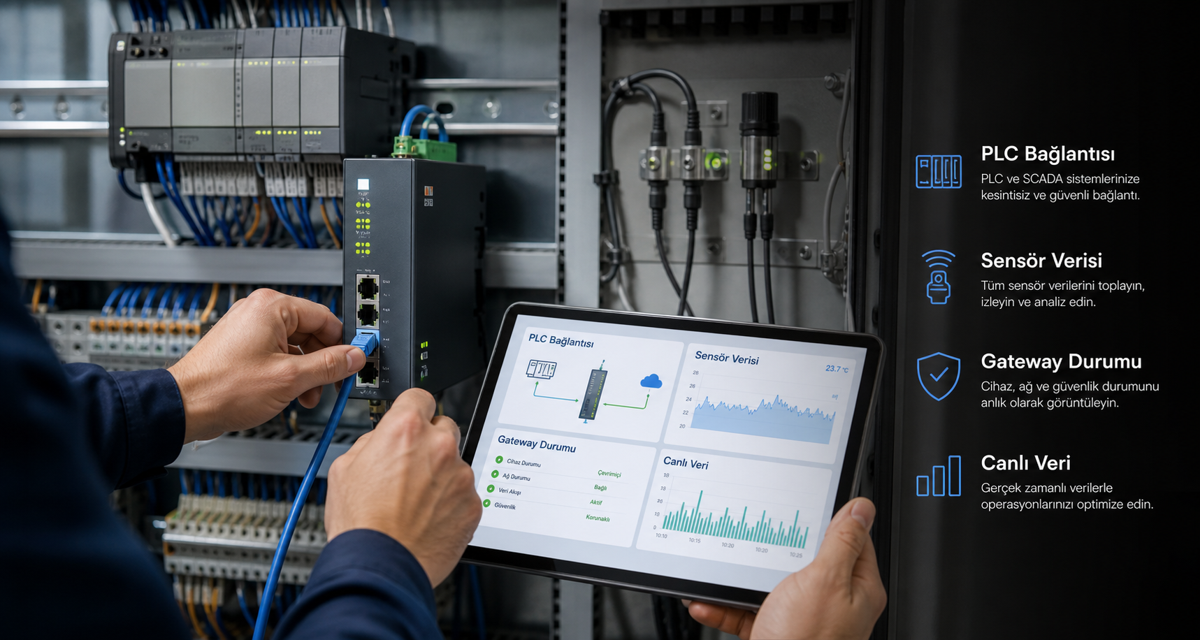 Endüstriyel IoT, sensör, gateway, PLC ve veri bağlantısı görseli